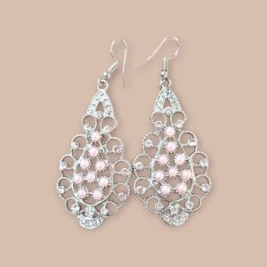 Silver Tone Filigree Teardrop Earrings with Pink Faux Pearl and Crystal Accents
